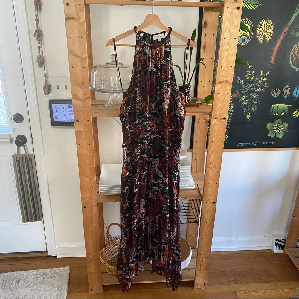 A.L.C. Bardot Silk Chiffon Printed Asymmetrical Halter Maxi Dress 4 - Picture 6 of 16